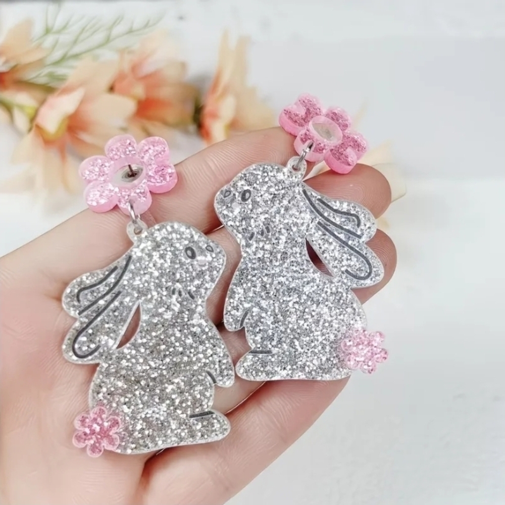 Sparkling Silver Bunny Earrings with Pink Flower Stud Earrings. NEW!